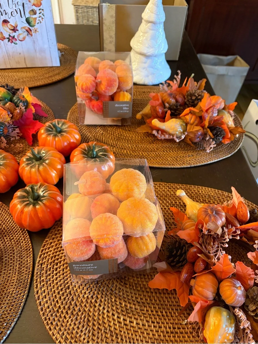 Huge Fall Decor Lot Pier 1 Flocked Pumpkins Vintage Wicker Place Mats ETC